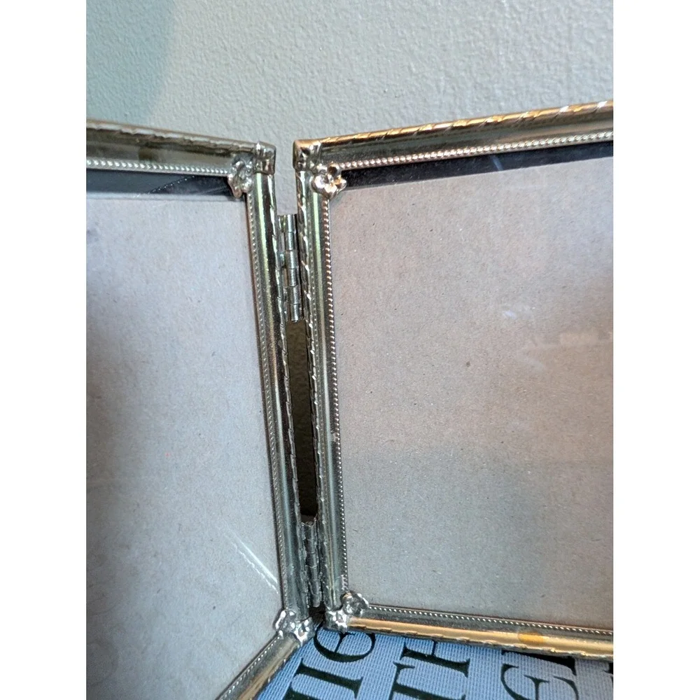 Vintage Mid Century Brass Toned Triptych Hinged Picture Frame Floral Embossed
